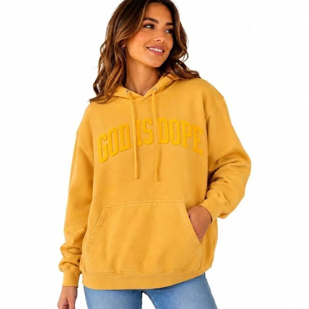God Is Dope Oversized Hoodie Small Mustard Yellow Ringspun Cotton Pullover